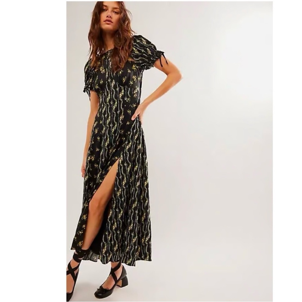 Free People Magdalena Midi Dress, black floral, size 10
